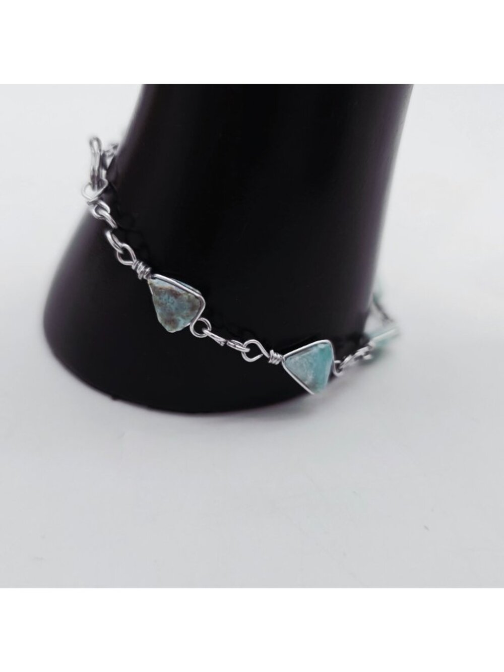 Triangle-Cut Larimar Gemstone Bracelet Sterling Silver Chain 8 Inches - Picture 4 of 7